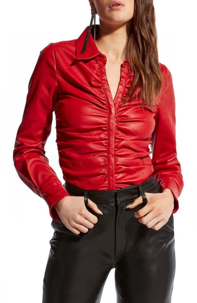 As By Df Rouge Ruched Leather Button-up Shirt In Red