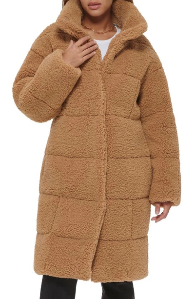 Levi's Quilted Fleece Long Teddy Coat In Chestnut
