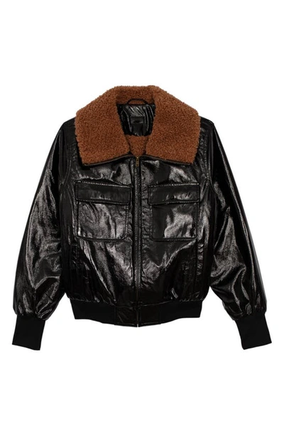 Mother Faux Leather Pilot Jacket With Faux Fur Lining In Brown