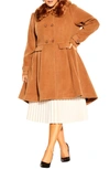 City Chic Grandiose Coat With Faux Fur Collar In Caramel