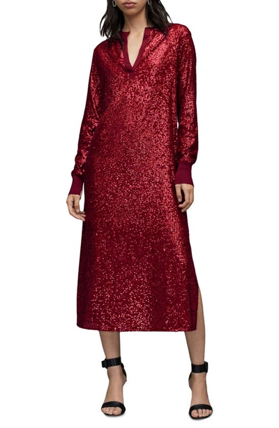 Allsaints Julea Dia Sequin Long Sleeve Midi Dress In Red Bud