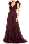 Mac Duggal Rosette Chiffon Cutout Empire Waist Gown In Bordeaux