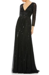 Mac Duggal Sequined V Neck Illusion Sleeve A Line Gown In Black