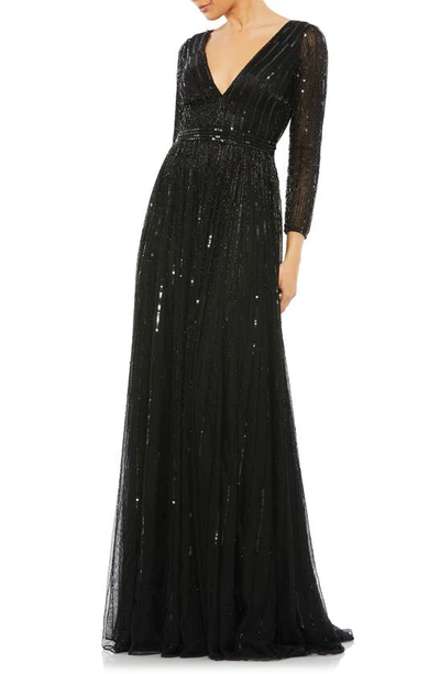 Mac Duggal Sequin & Bead Stripe Long Sleeve Mesh Gown In Black