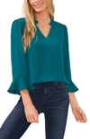 Cece Ruffle Cuff Crepe Top In Peacock Teal