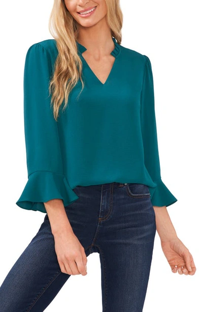 Cece Ruffle Cuff Crepe Top In Peacock Teal