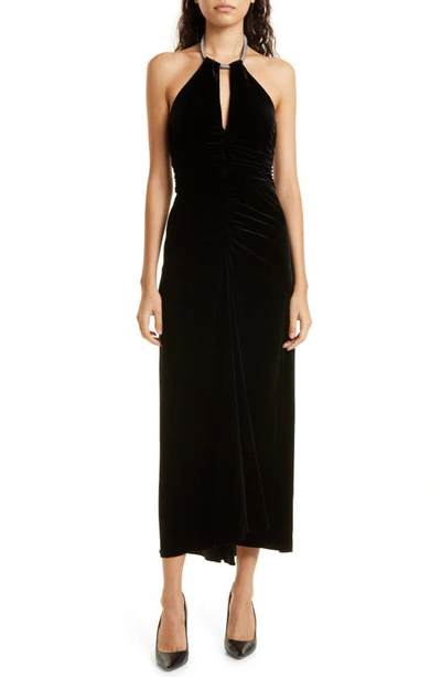 Veronica Beard Josette Crystal-embellished Ruched Velvet Halterneck Midi Dress In Black