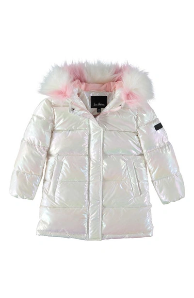 Sam Edelman Kids' Iridescent Faux Fur Trim Long Puffer Coat In White Holographic