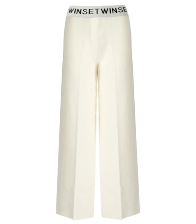 Twinset Logo-waistband Wide-leg Track Trousers In Ivory