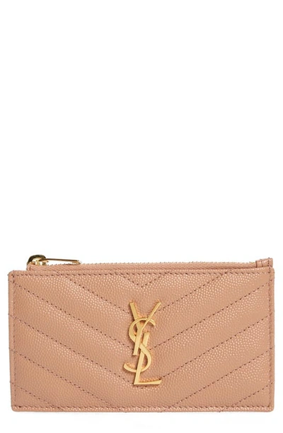 Saint Laurent Pebbled Leather Zip Card Case In Vint.peach