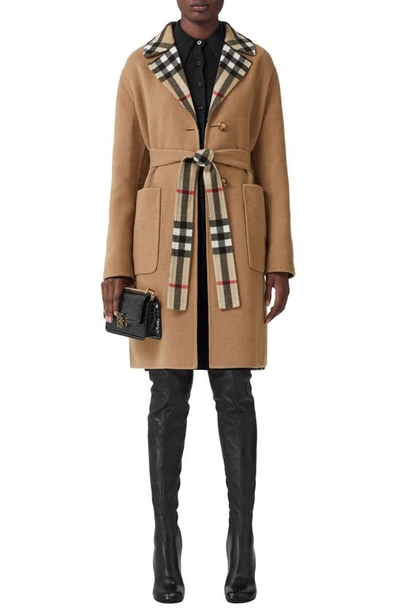 Burberry Reversible Check Double Face Wool Coat In Beige