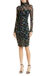 ALICE AND OLIVIA DELORA FLORAL LONG SLEEVE RUCHED TURTLENECK DRESS