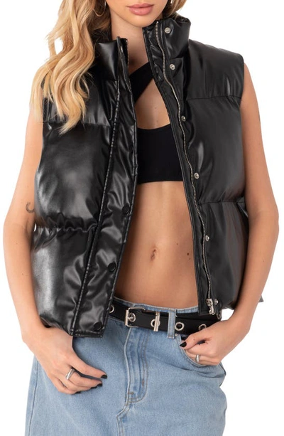 Edikted Kade Faux Leather Puffer Vest In Black
