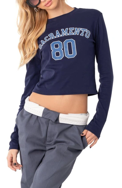 Edikted Sacramento Long Sleeve Crop Graphic Tee In Blue