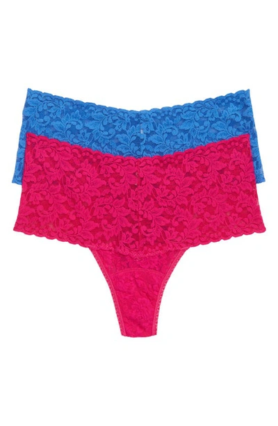 Hanky Panky Assorted 2-pack Retro High Waist Thongs In Pink Ruby/ Sea Blue