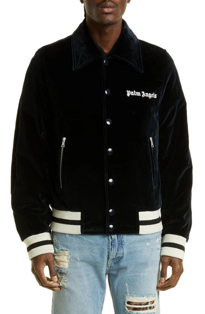 Palm Angels Sunday Logo-embroidered Velvet Baseball Jacket In Blu