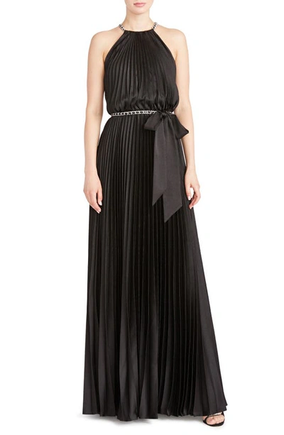 ml Monique Lhuillier Pleated Chain Detail Satin A-line Gown In Black