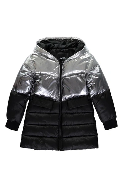 Sam Edelman Kids' Tricolor Metallic Flare Puffer Coat In Black Silver