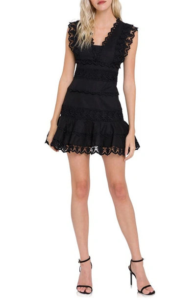 Endless Rose Plunge Neck Tiered Lace Linen & Cotton Dress In Black