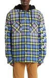 Off-white Chain Arrows Plaid Hooded Cotton Flannel Overshirt In Dusty Blue