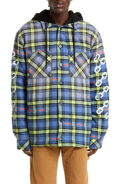 Off-white Chain Arrows Plaid Hooded Cotton Flannel Overshirt In Dusty Blue White