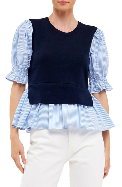 English Factory Sweater Poplin Mixed Top In Blue