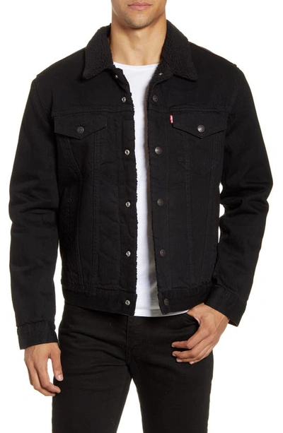 Levi's Relaxed Fit Faux Shearling Lined Denim Trucker Jacket In Black