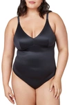 Spanx Shaping Satin Thong Bodysuit In Black