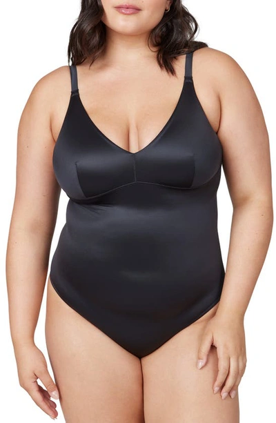 Spanx Shaping Satin Thong Bodysuit In Black