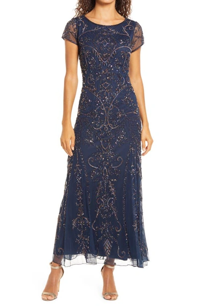 Pisarro Nights Beaded Mesh Column Gown In Jbs Navy