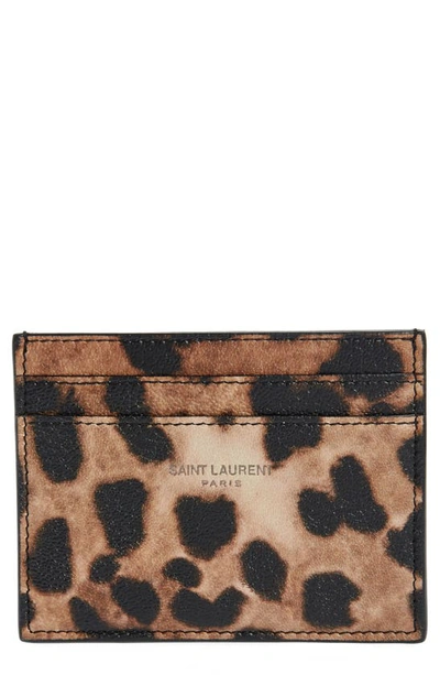 Saint Laurent Leopard Print Lambskin Card Case In Beige/ Brown