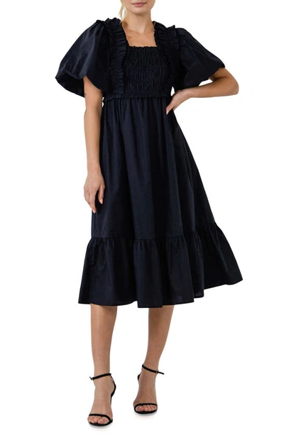 English Factory Ruffle Smocked Cotton Dress In Black