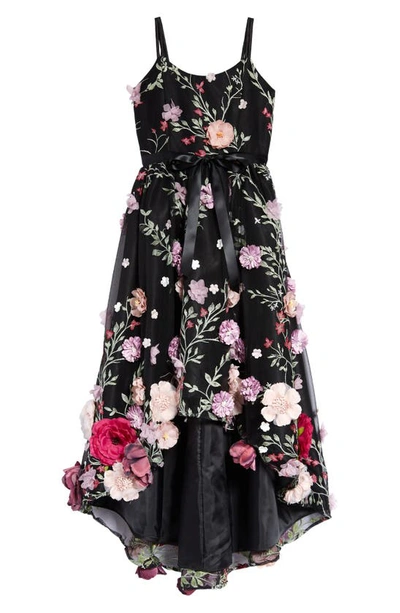 Marchesa Kids' 3-d Floral High-low Party Dress In Black