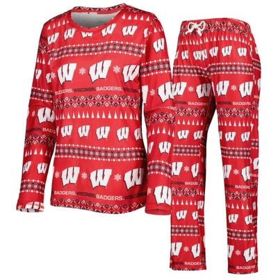 CONCEPTS SPORT CONCEPTS SPORT RED WISCONSIN BADGERS FLURRY UGLY SWEATER LONG SLEEVE T-SHIRT & PANTS SLEEP SET