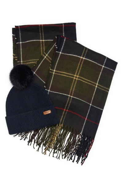 Barbour Tartan Scarf And Hat Set In Blue