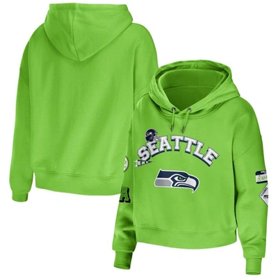 WEAR BY ERIN ANDREWS WEAR BY ERIN ANDREWS NEON GREEN SEATTLE SEAHAWKS MODEST CROPPED PULLOVER HOODIE
