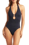 Sea Level Keyhole Halter One-piece Swimsuit In Black