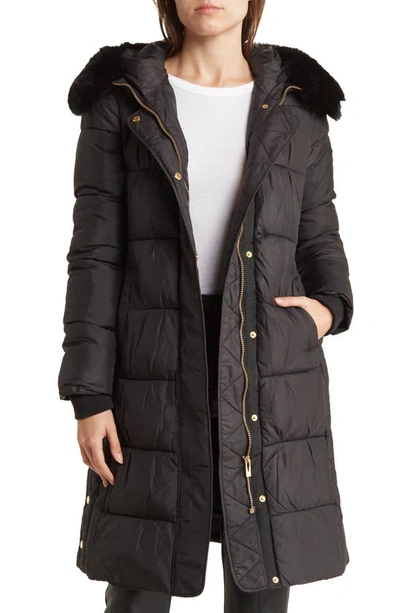 Via Spiga Faux Fur Trim Water Repellent Hooded Puffer Jacket In Black