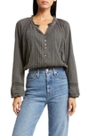 Lucky Brand Embroidered Peasant Blouse In Washed Black