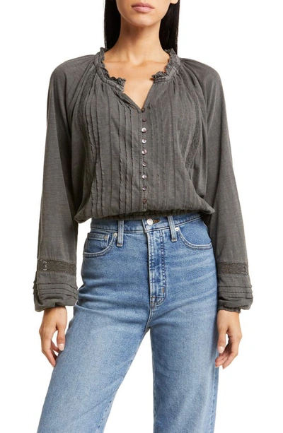 Lucky Brand Embroidered Peasant Blouse In Washed Black