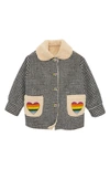 Shop Lola & The Boys Lola + The Boys Kids' Check Embellished Faux Fur Lined Wool Coat In Black And White