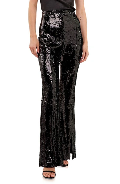 Endless Rose Sequin Slit Leg Flare Pants In Black