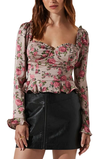 Astr Floral Sweetheart Neck Underwire Satin Top In Taupe Pink Floral