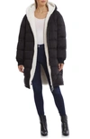 Avec Les Filles Hooded Puffer Coat With Faux Shearling Lining In Black/ White Combo