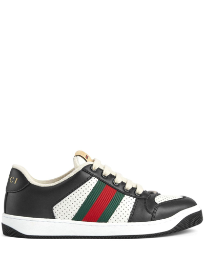 Gucci Screener Web Stripe Lace-up Sneakers In Black&white