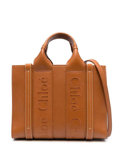 Chloé Woody Midi Leather Tote Bag In Cammello