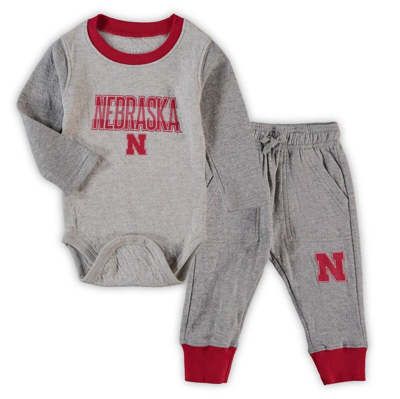 Wes & Willy Babies' Infant Boys And Girls  Heathered Gray, Scarlet Nebraska Huskers Jie Jie Long Sleeve Bodys In Heathered Gray,scarlet