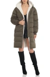 Avec Les Filles Hooded Puffer Coat With Faux Shearling Lining In Olive/ Cream Combo