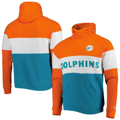 New Era Men's  Aqua Miami Dolphins Big And Tall Throwback Colorblock Fleece Raglan Pullover Hoodie