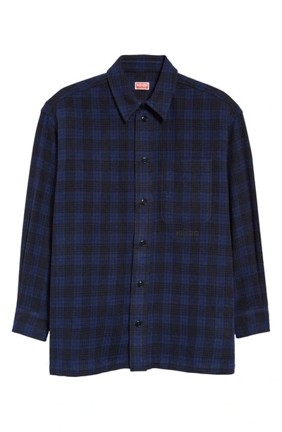 Kenzo Embroidered Logo Check Wool Blend Button-up Shirt In Midnight Blue